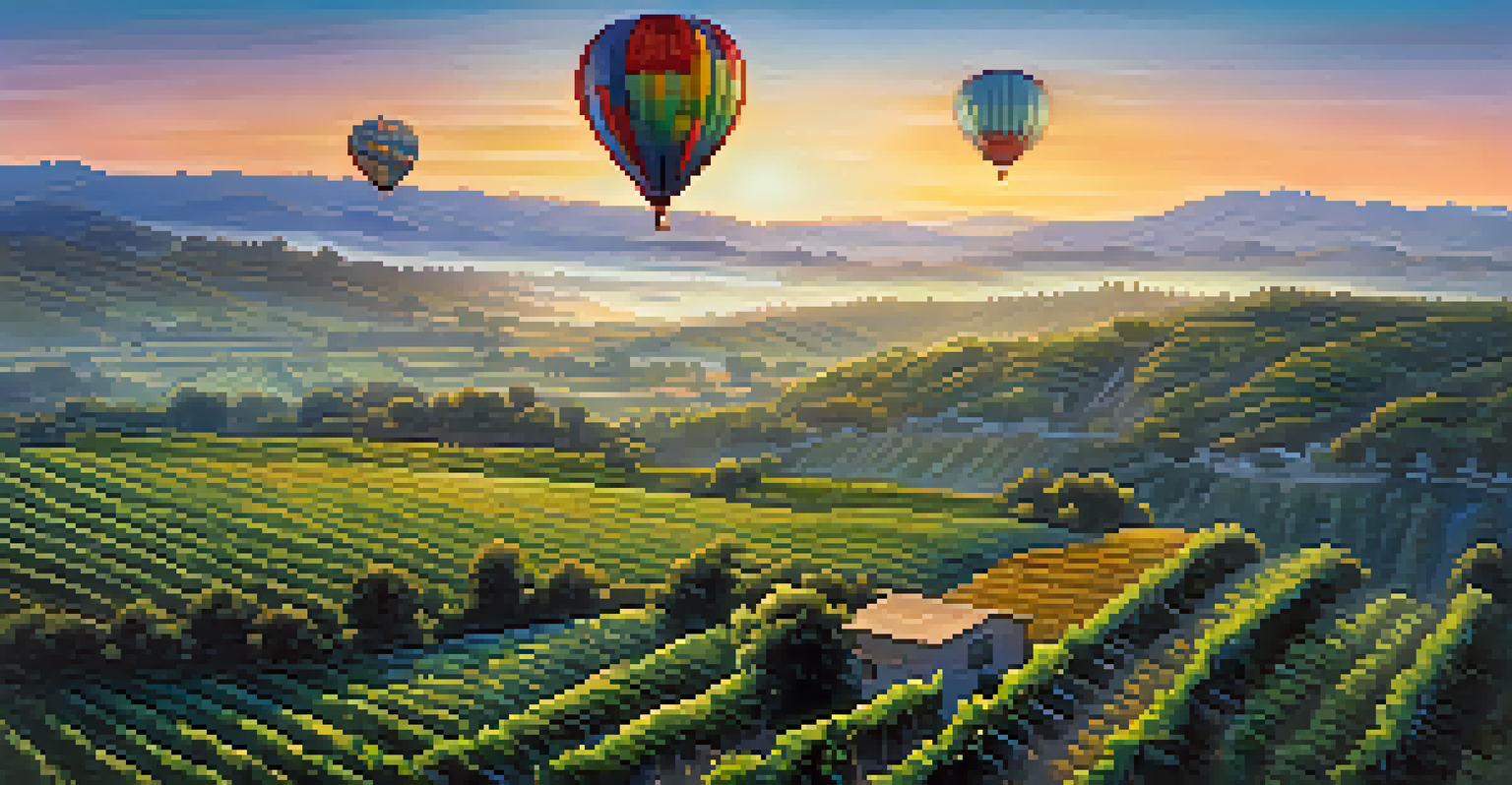 A hot air balloon in the sky over Napa Valley at dawn, with vineyards and rolling hills below.