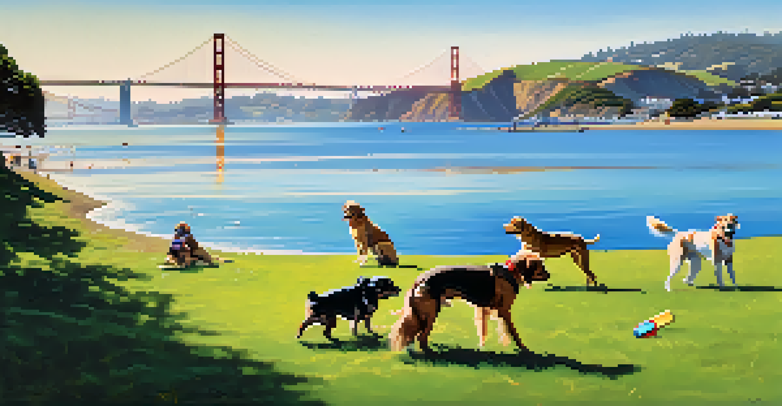 A lively park scene at Crissy Field with dogs playing and the Golden Gate Bridge in the background on a sunny day.