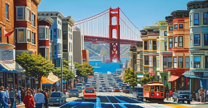 A lively street in San Francisco with modern buildings and Victorian homes, featuring a clear sky and diverse people walking.