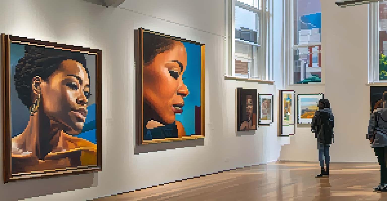 An art gallery showcasing diverse artworks by African American artists, with visitors admiring the pieces in a bright and spacious environment.