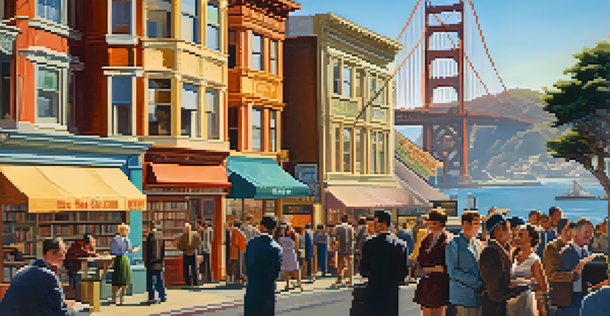 A lively street scene in San Francisco featuring poets and artists outside City Lights Bookstore, with colorful murals and the Golden Gate Bridge in the distance.