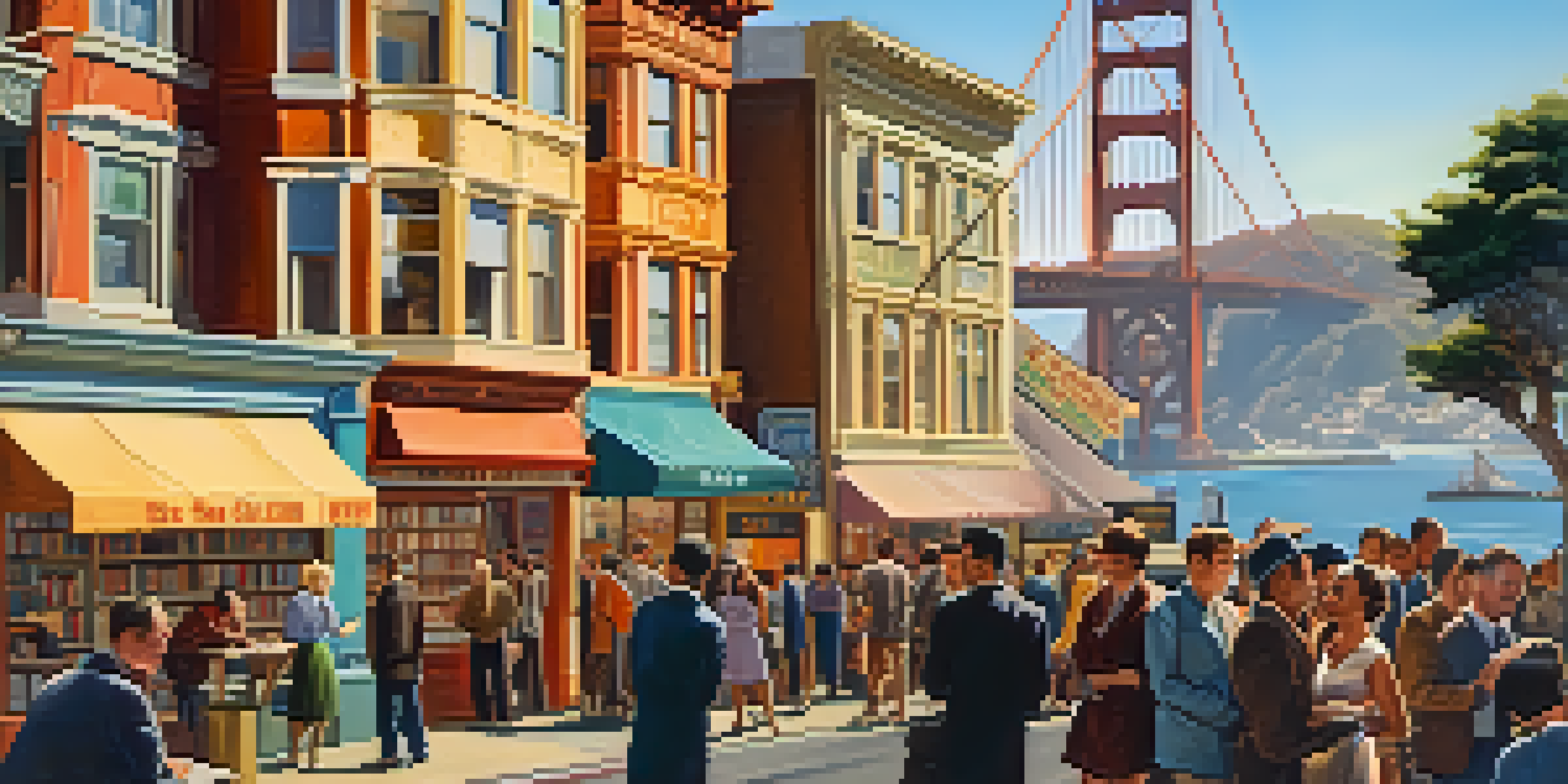 A lively street scene in San Francisco featuring poets and artists outside City Lights Bookstore, with colorful murals and the Golden Gate Bridge in the distance.