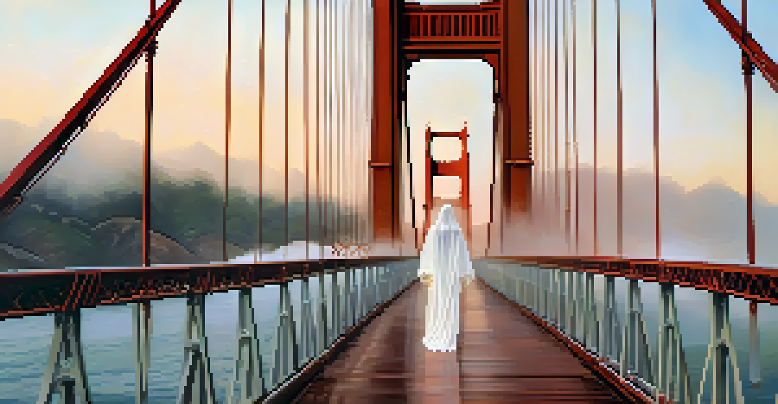 A close-up of the Golden Gate Bridge with a translucent ghostly woman figure hovering above the walkway in fog.