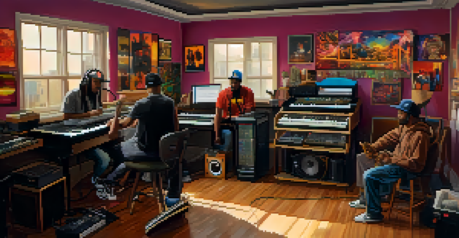 A collaborative music studio scene with diverse artists creating hip-hop music together, filled with instruments and colorful artwork.