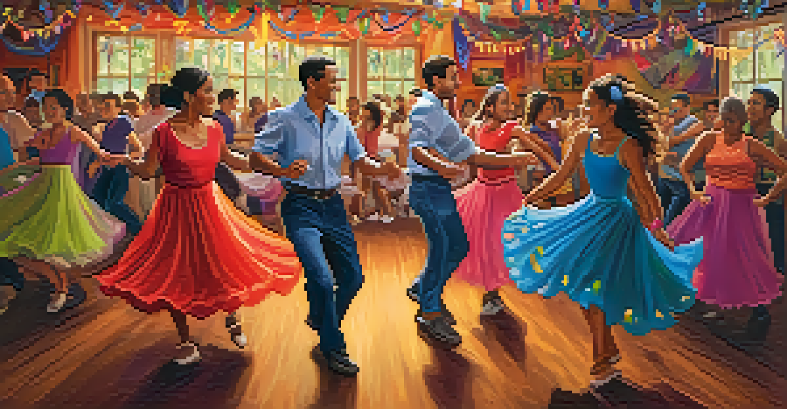 A dance workshop at Carnaval with participants learning traditional Latin dances, surrounded by colorful decorations and live music.