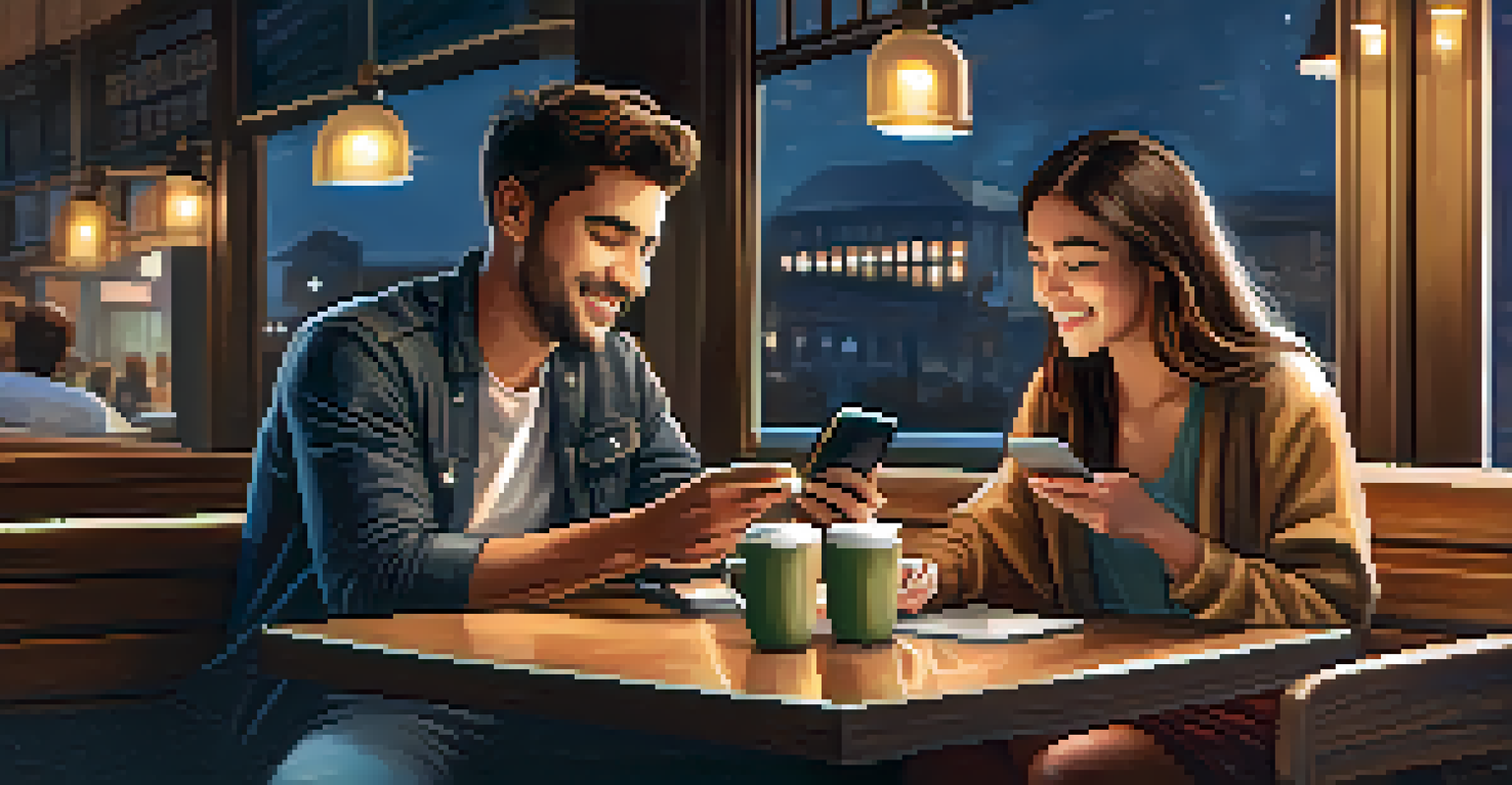A young couple enjoying mobile banking in a cozy coffee shop.
