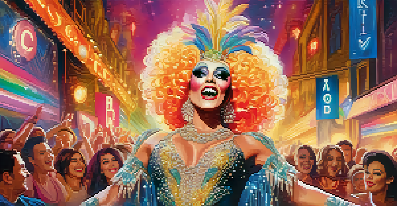 A drag performer on stage in colorful costume with vibrant lights and cheering audience, exuding confidence and creativity.