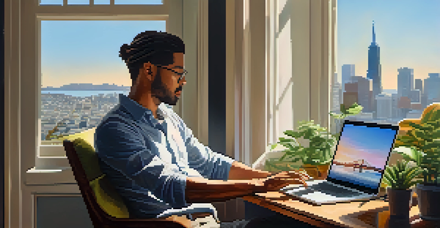 A remote worker sitting in a stylish chair at home, working on a laptop with a view of the San Francisco skyline through a large window.