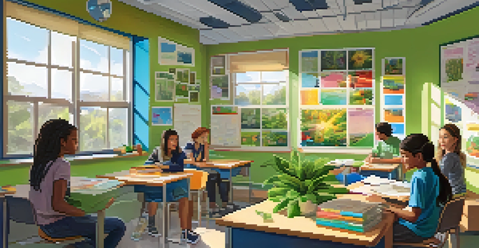 A classroom with diverse students working together on a sustainability project, surrounded by colorful posters and natural light from a large window.