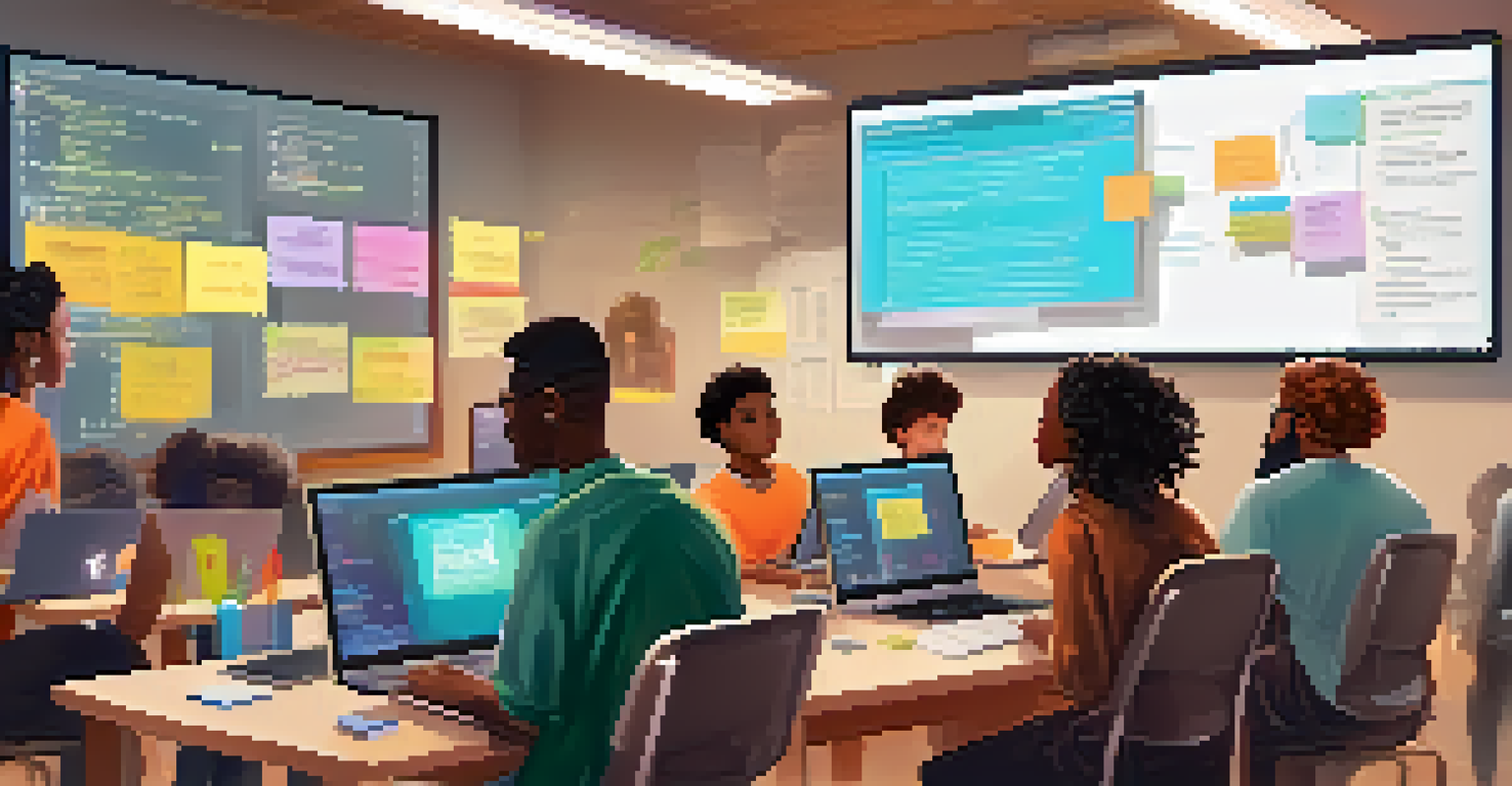 A diverse group of students in a classroom focused on coding, with an instructor presenting on a screen.