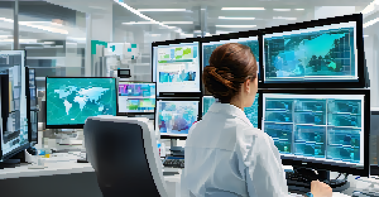 A healthcare professional examining medical images on a computer screen in a modern office filled with advanced equipment.