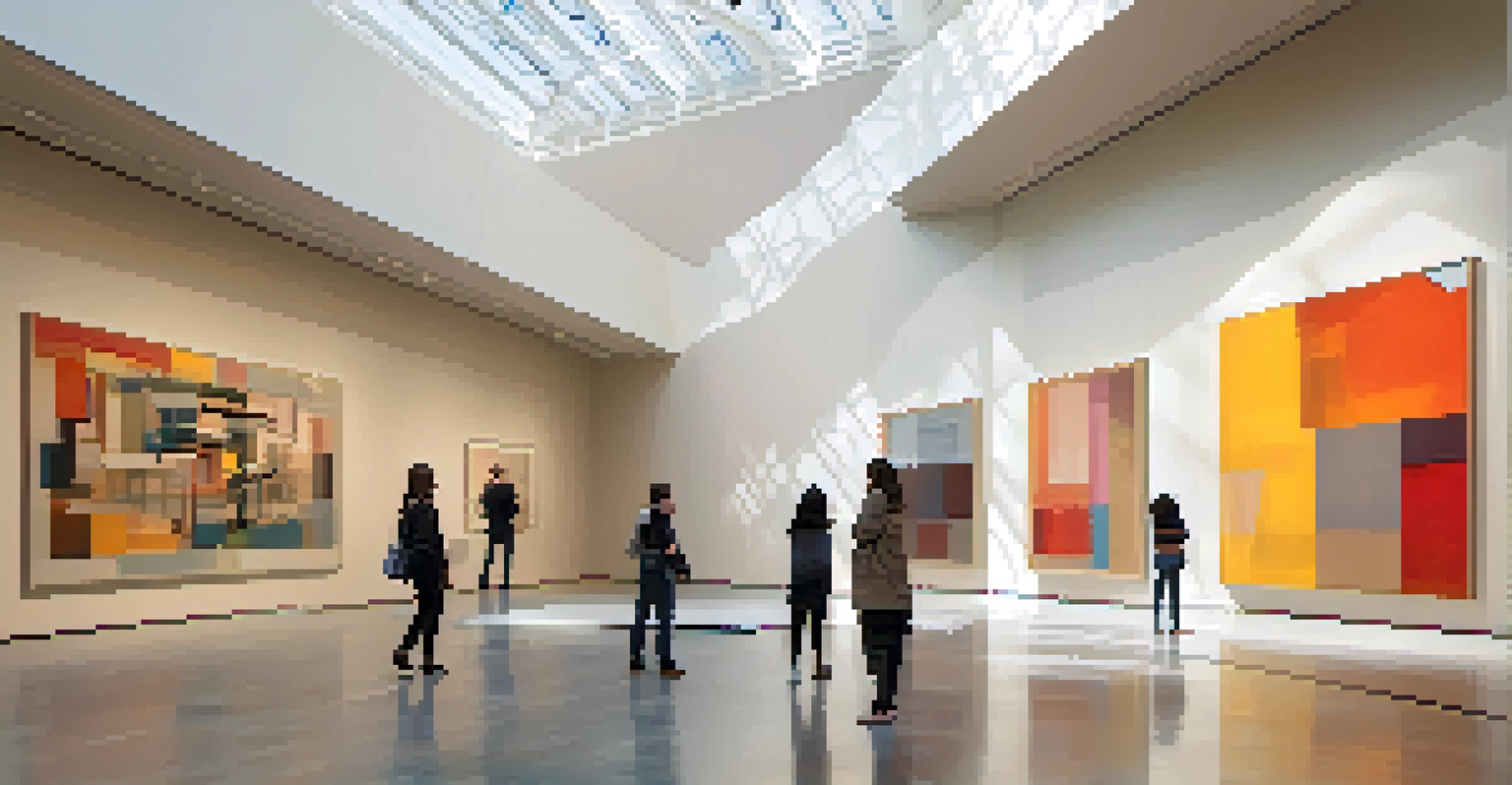 The interior of the SFMOMA with large windows allowing natural light, visitors examining modern art pieces, and colorful artworks against neutral-toned walls.