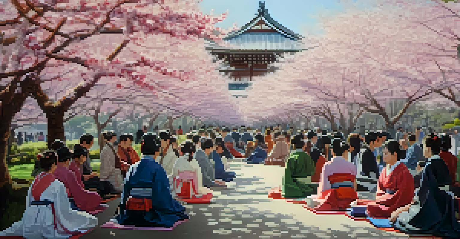 A tranquil view of the Cherry Blossom Festival in Japantown with blooming cherry trees, attendees enjoying performances, and a sense of cultural celebration.