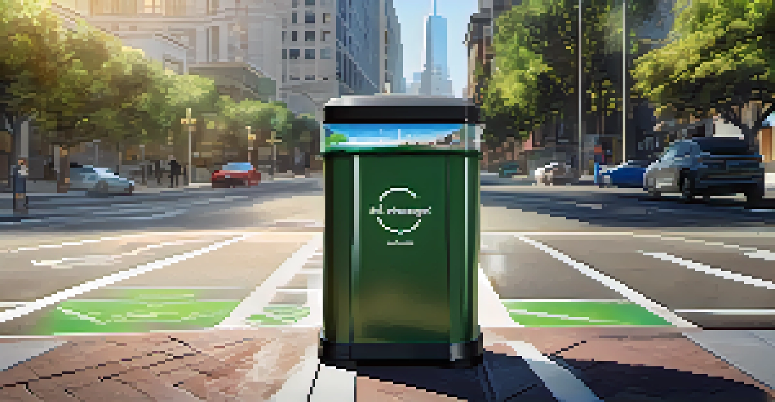 A smart waste bin in an urban setting in San Francisco, highlighting its technology and modern design surrounded by buildings and greenery.
