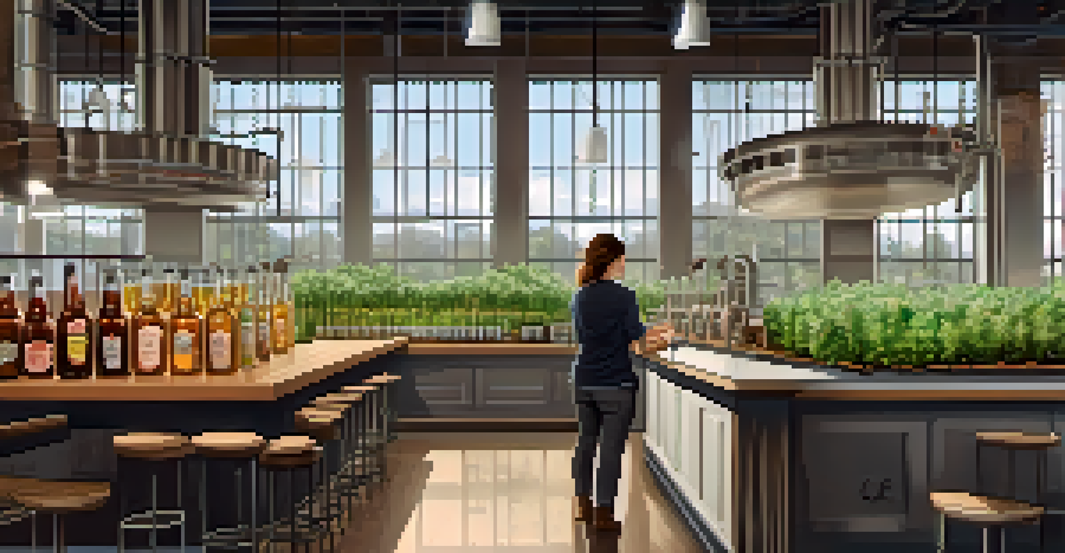 A modern sustainable brewery with a female brewer, showcasing eco-friendly practices and natural light.