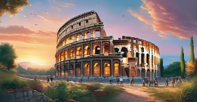 A panoramic view of the Colosseum during sunset, showcasing the ancient architecture bathed in warm colors.