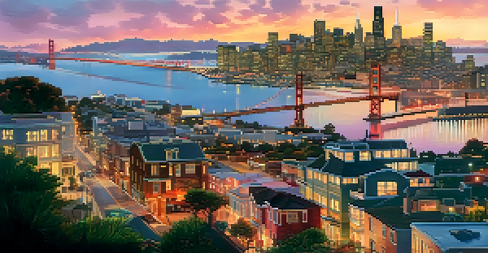 A sunset view of the San Francisco skyline with Salesforce Tower and the Golden Gate Bridge, vibrant sky, and a busy waterfront.