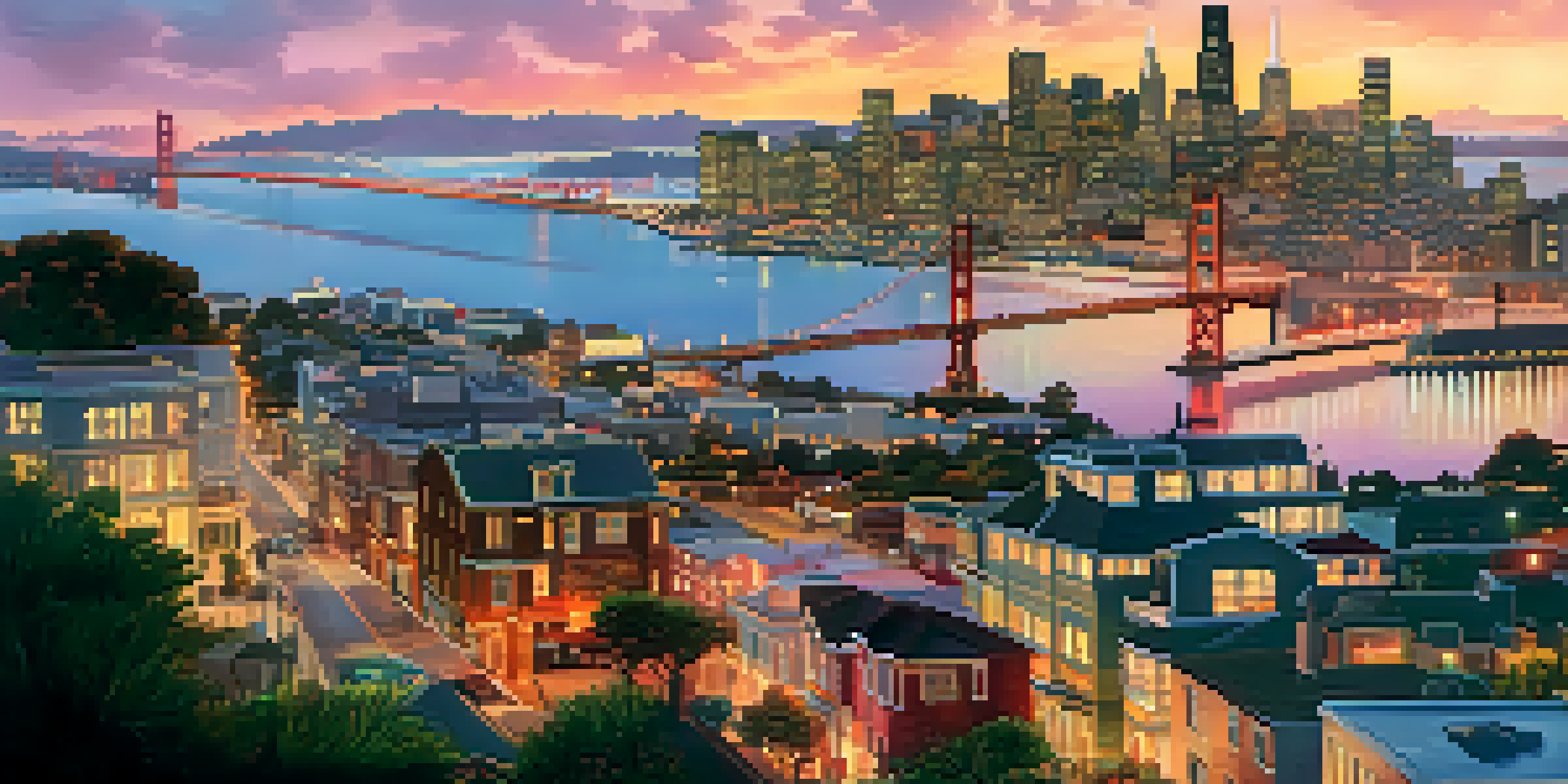 A sunset view of the San Francisco skyline with Salesforce Tower and the Golden Gate Bridge, vibrant sky, and a busy waterfront.