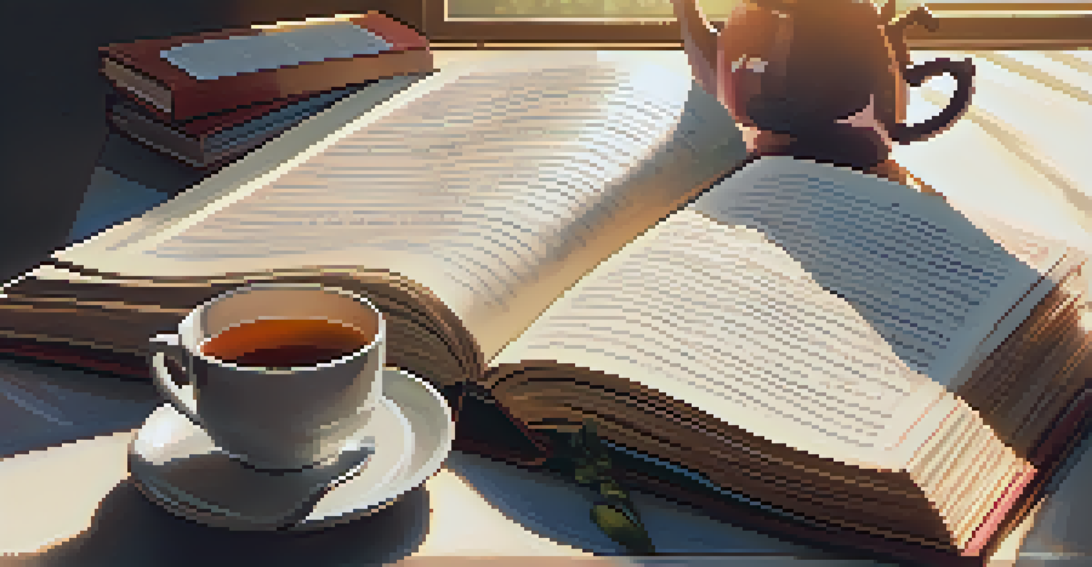 A close-up of an open book with handwritten notes about LGBTQ+ history, a warm cup of tea beside it, illuminated by soft sunlight from a window.