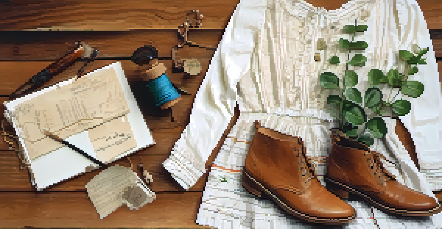 A creative flat lay of vintage fashion items on a rustic table, showcasing sustainability with natural light and decorative elements.