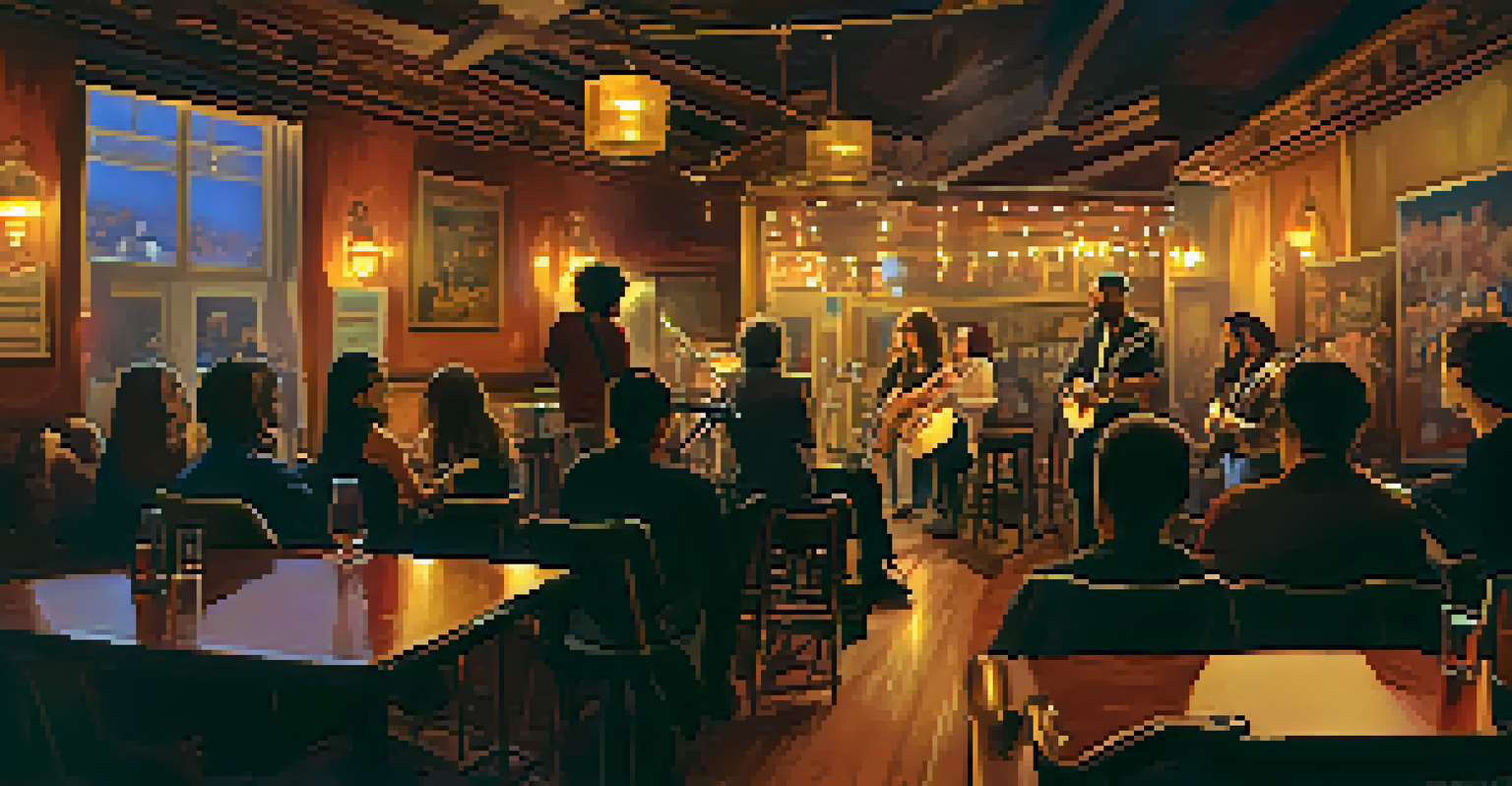 An intimate music venue with a band performing on stage, warm lighting and an engaged audience, creating a cozy atmosphere.