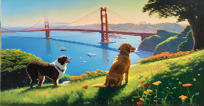 A happy dog playing fetch in a vibrant park in San Francisco, with the Golden Gate Bridge in the background.