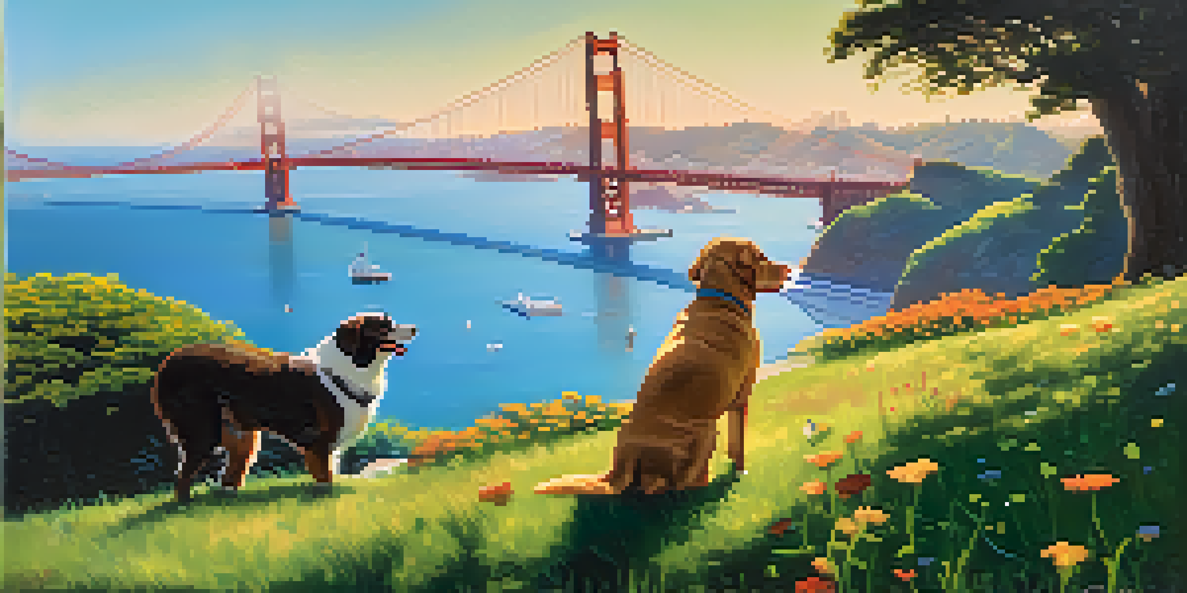 A happy dog playing fetch in a vibrant park in San Francisco, with the Golden Gate Bridge in the background.