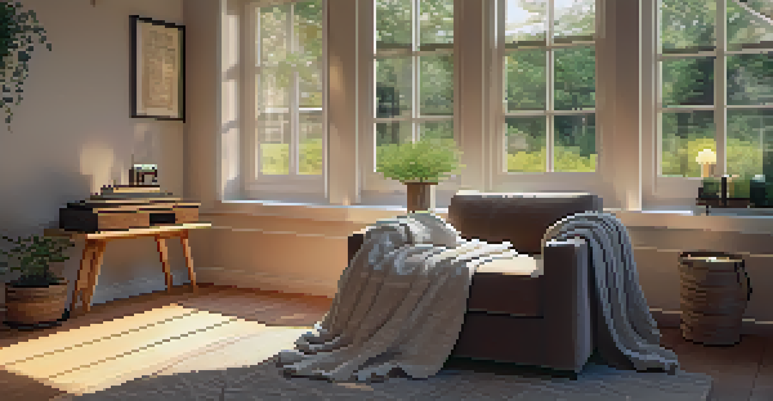 A comfortable mindfulness area with a chair, blanket, candles, and a view of a garden through the window.