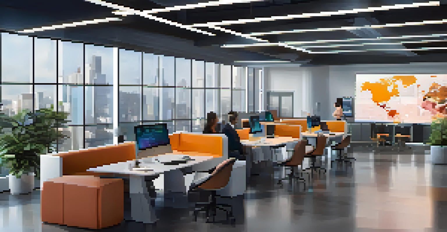 A modern AI startup workspace with advanced technology, collaborative spaces, and warm ambient lighting.