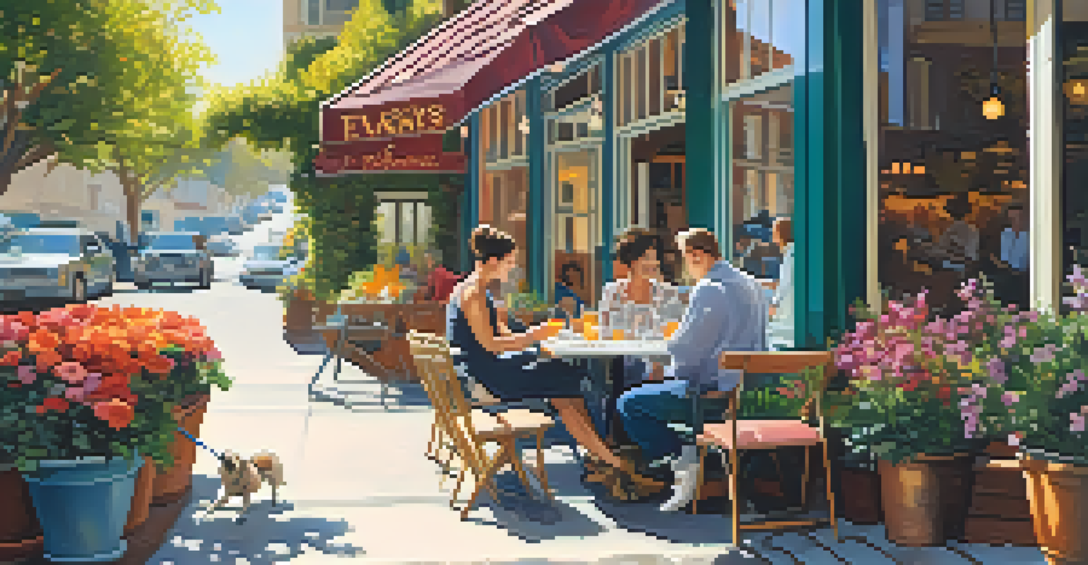 A couple dining outdoors with their dog at a pet-friendly restaurant in San Francisco, surrounded by flowers.