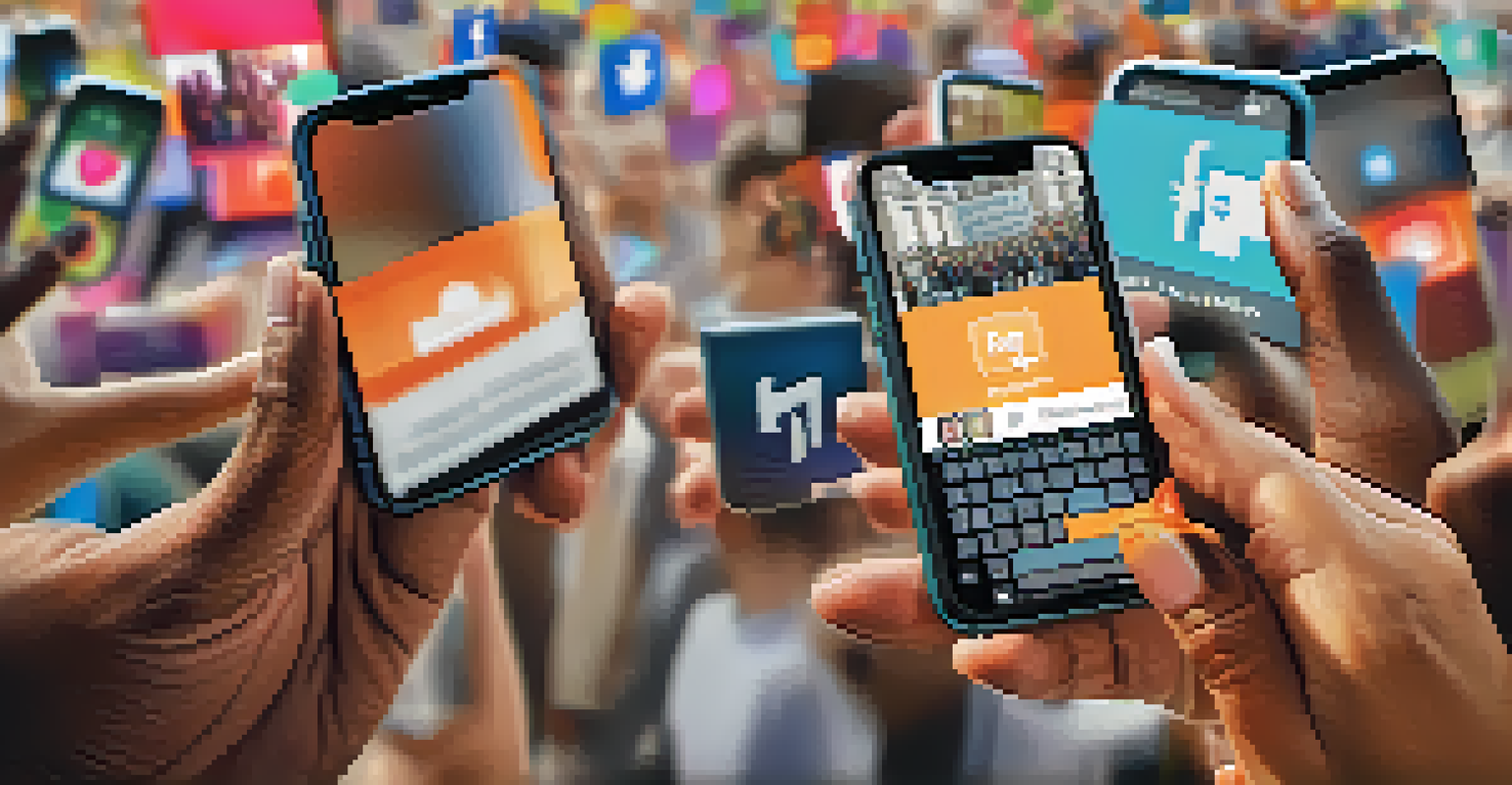 Close-up of hands holding smartphones with social media posts about grassroots activism, set against a blurred community gathering.