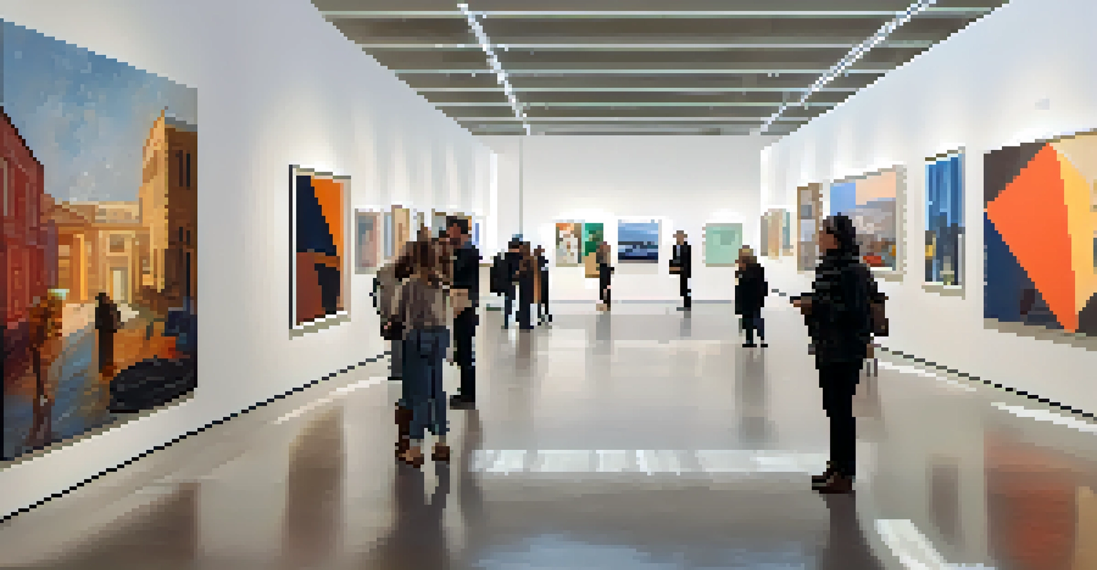 A bright and spacious modern art gallery filled with contemporary artwork and visitors engaging with the displays.