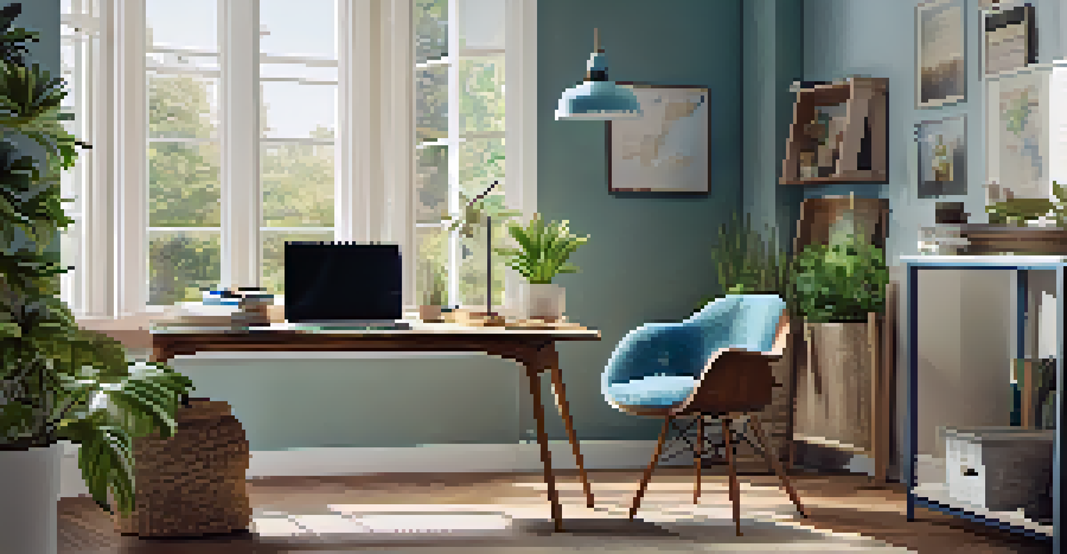 A cozy home office with a laptop displaying a mental health app, illuminated by natural light.