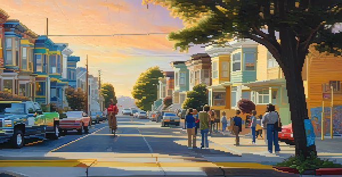 A diverse group of residents in San Francisco working together on a neighborhood watch program, discussing safety measures in a vibrant urban setting.