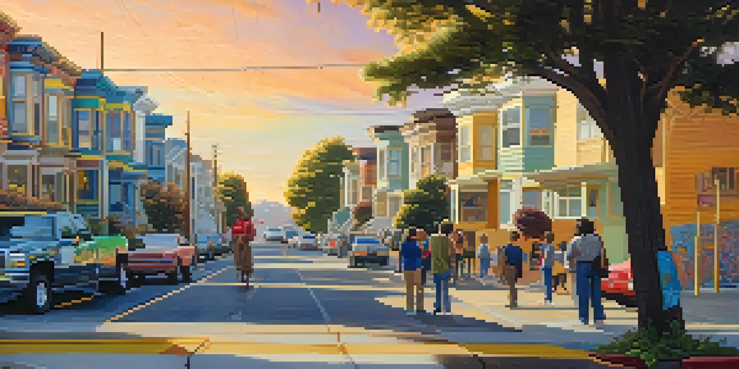 A diverse group of residents in San Francisco working together on a neighborhood watch program, discussing safety measures in a vibrant urban setting.