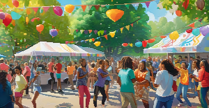 A lively community gathering in a park with people participating in a dance challenge, colorful decorations, and a food truck in the background.