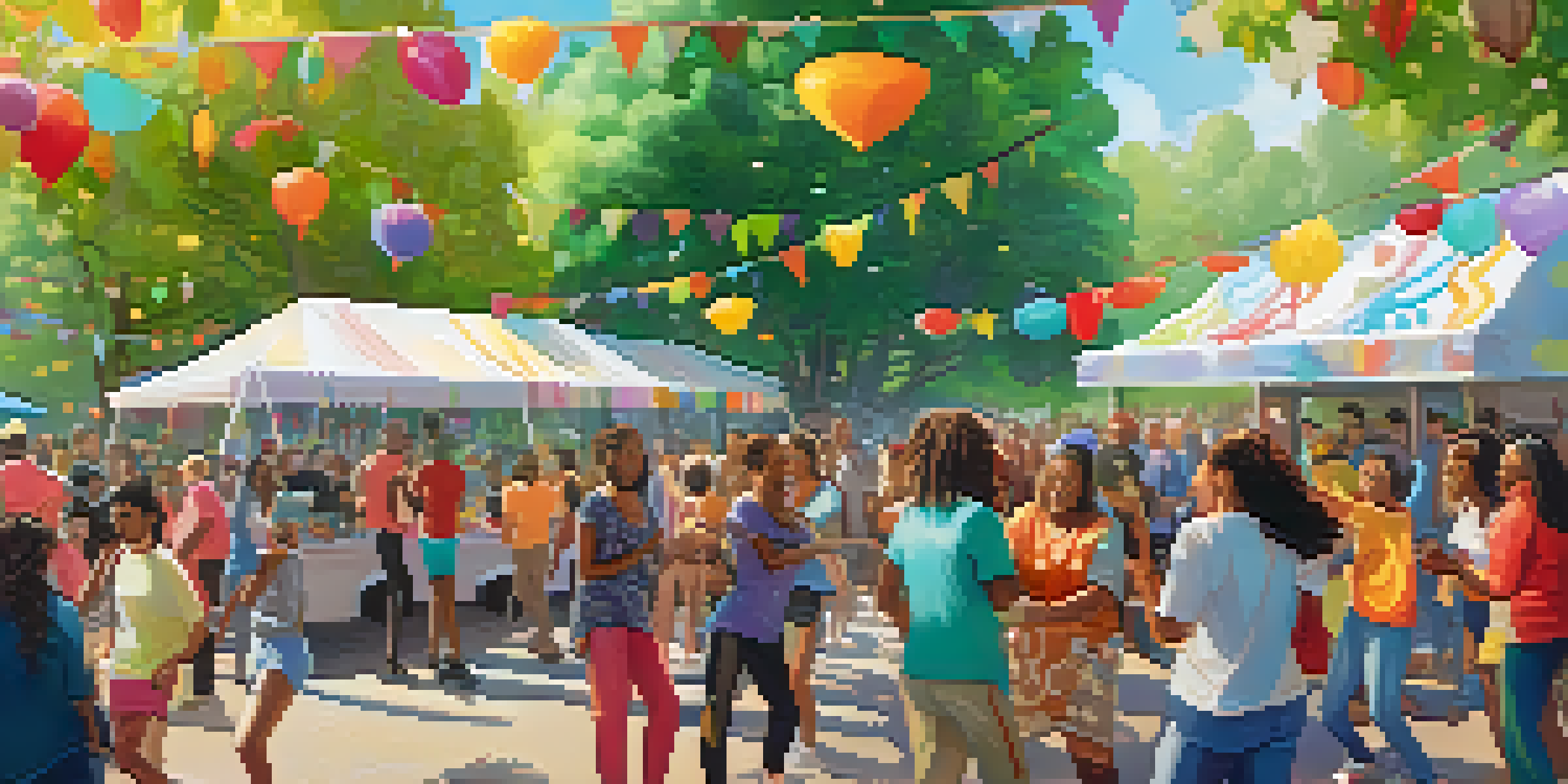 A lively community gathering in a park with people participating in a dance challenge, colorful decorations, and a food truck in the background.