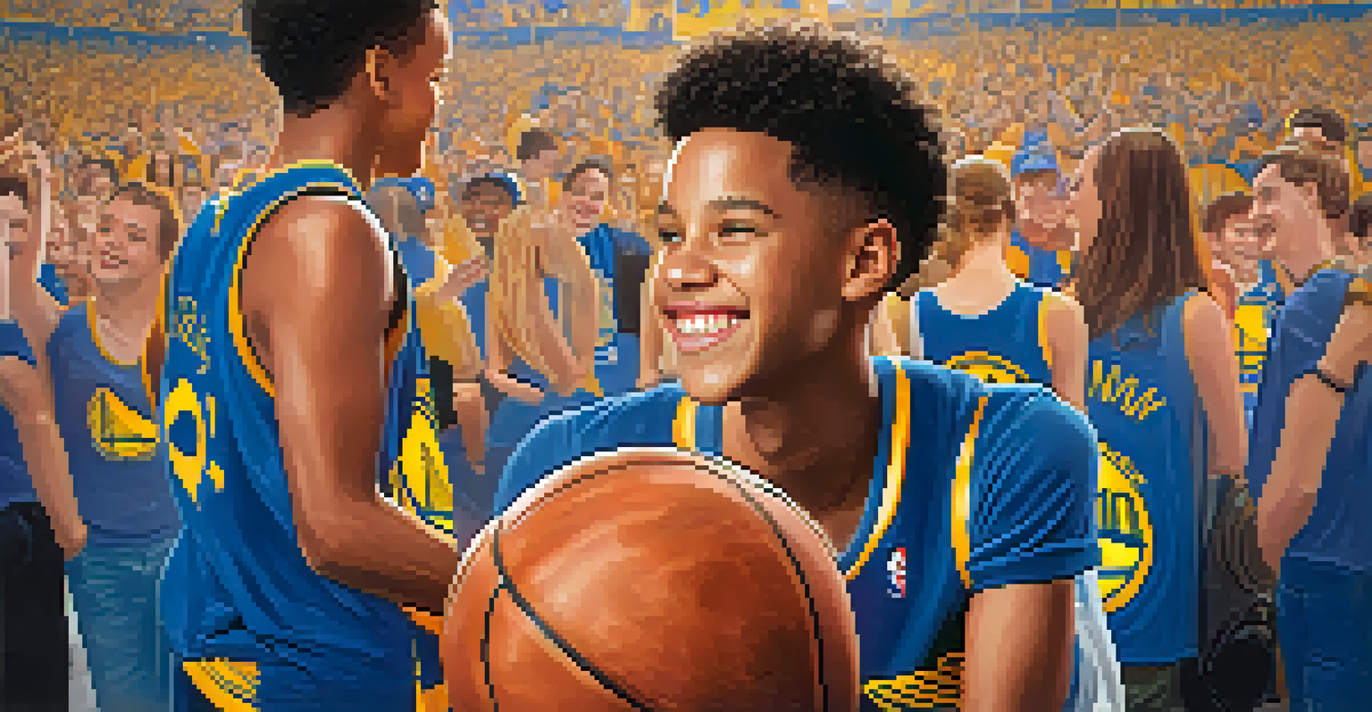 A young fan wearing a blue and gold basketball jersey, holding a basketball and smiling.