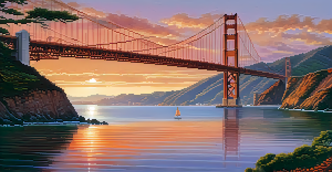 A panoramic view of the Golden Gate Bridge during sunset, with colorful sky reflections in the water and sailboats in the bay.
