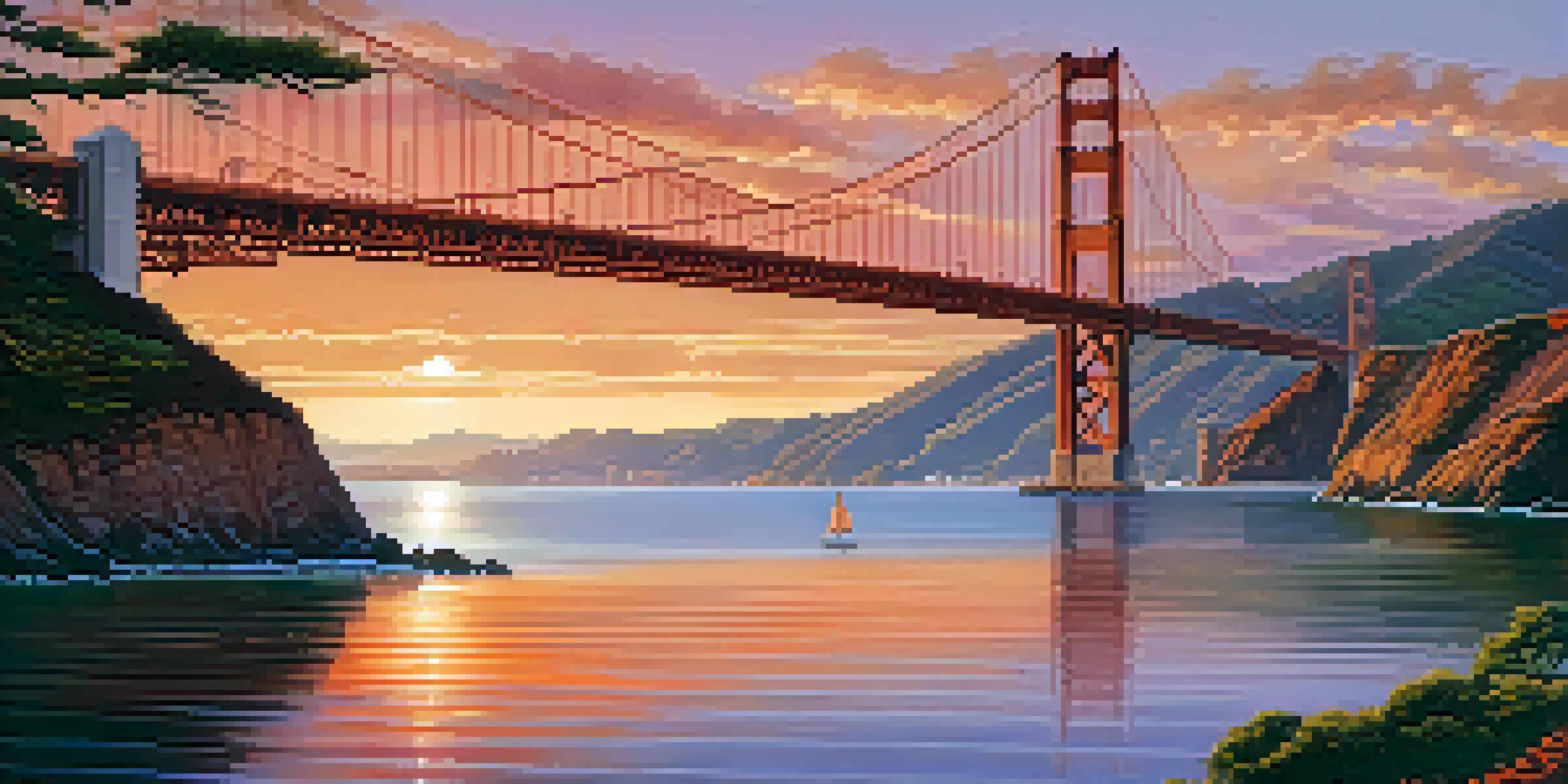 A panoramic view of the Golden Gate Bridge during sunset, with colorful sky reflections in the water and sailboats in the bay.