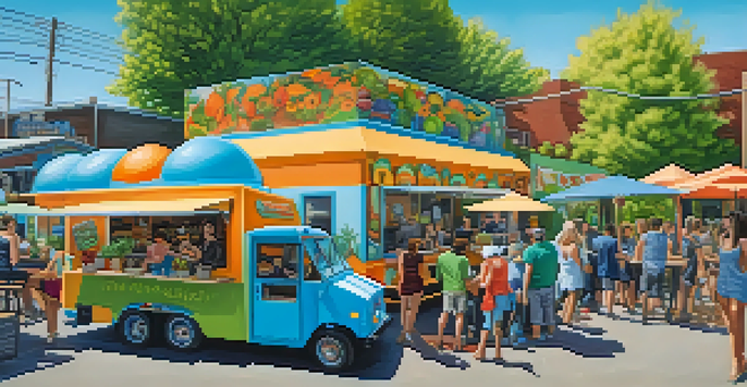 A lively food truck pod in Portland with colorful food trucks and people enjoying their meals at communal tables.