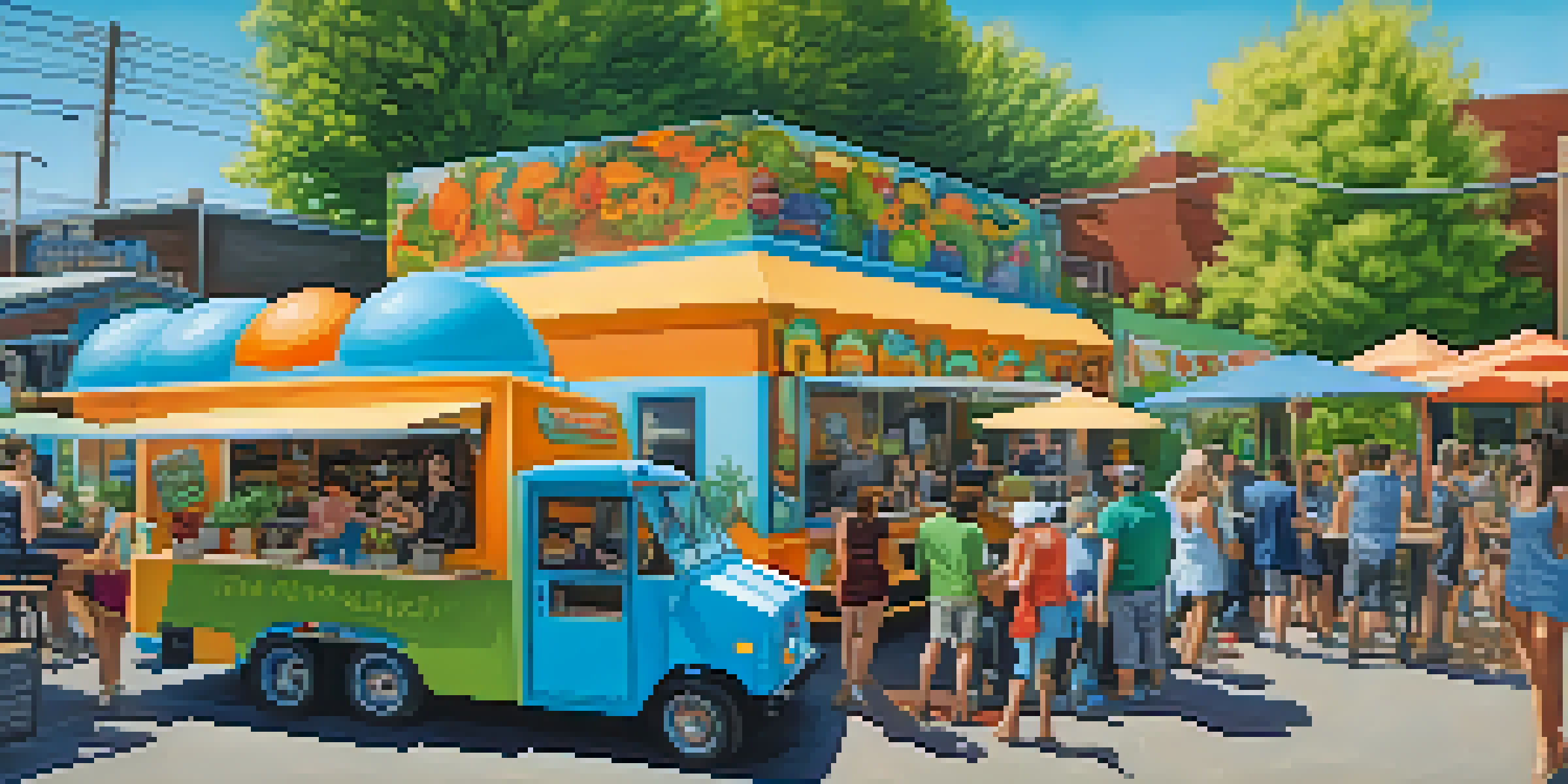 A lively food truck pod in Portland with colorful food trucks and people enjoying their meals at communal tables.