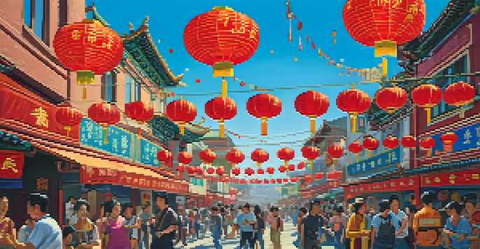 A lively festival scene in Chinatown with colorful lanterns, lion dancers, and diverse crowds against ornate buildings.