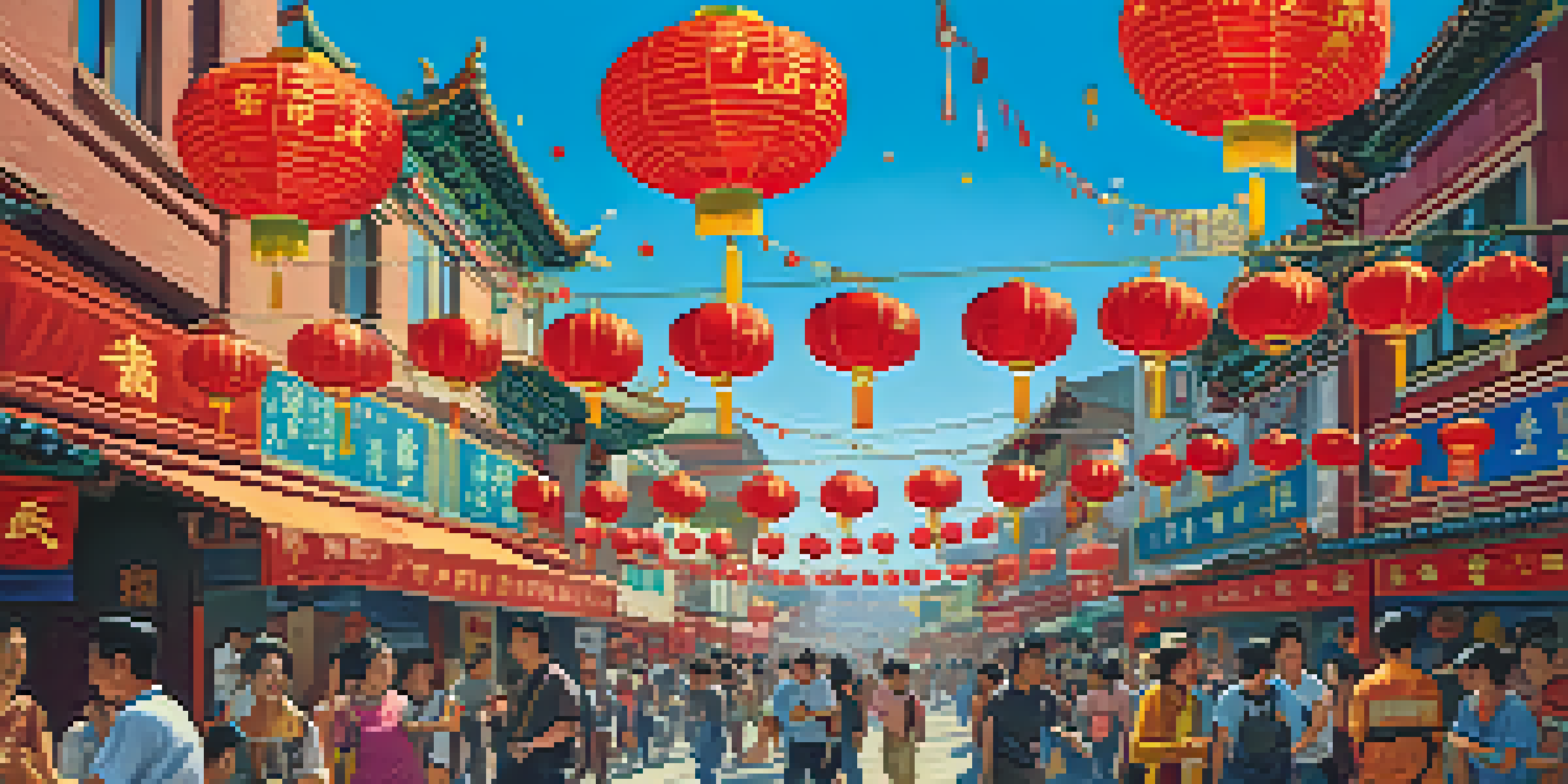 A lively festival scene in Chinatown with colorful lanterns, lion dancers, and diverse crowds against ornate buildings.