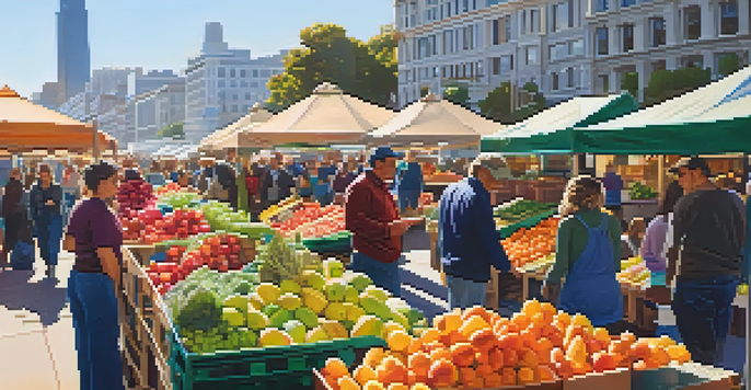 A bustling farmers' market in San Francisco filled with colorful fruits and vegetables, with shoppers engaging and the Ferry Building visible in the background.