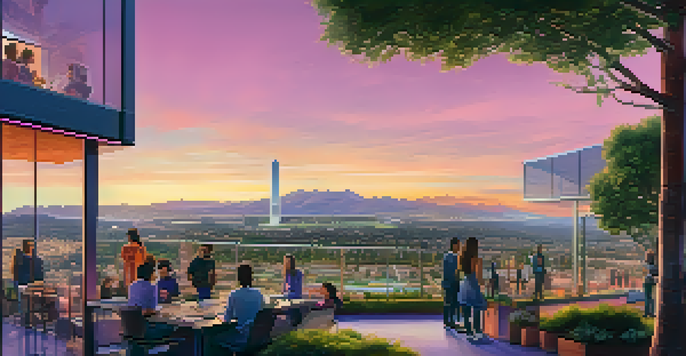 A sunset view of Silicon Valley's skyline with tech buildings and diverse entrepreneurs collaborating outdoors.