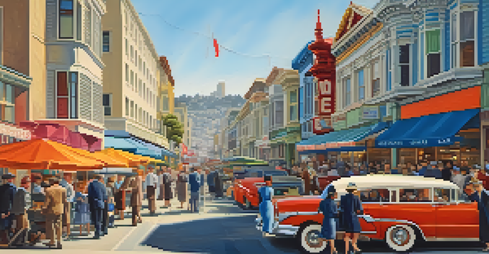 A vibrant 1950s North Beach street in San Francisco with cafés, vintage cars, and jazz musicians, showcasing the lively atmosphere of the Beat Generation.