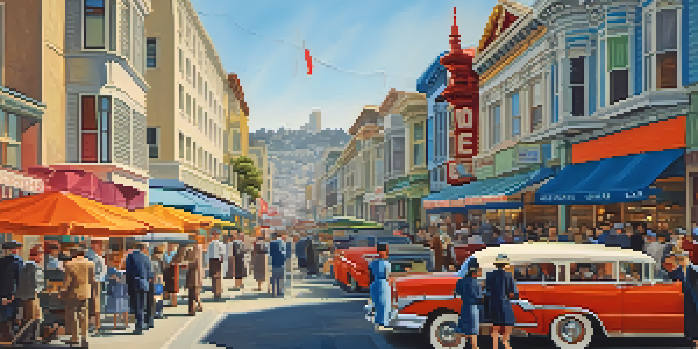 A vibrant 1950s North Beach street in San Francisco with cafés, vintage cars, and jazz musicians, showcasing the lively atmosphere of the Beat Generation.