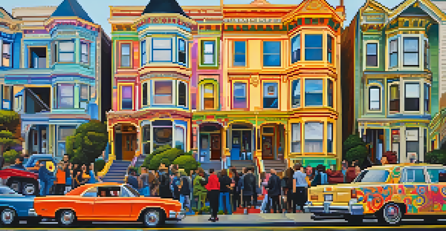 A colorful wall with psychedelic street art in Haight-Ashbury, with people taking pictures in front of it and Victorian houses in the background.