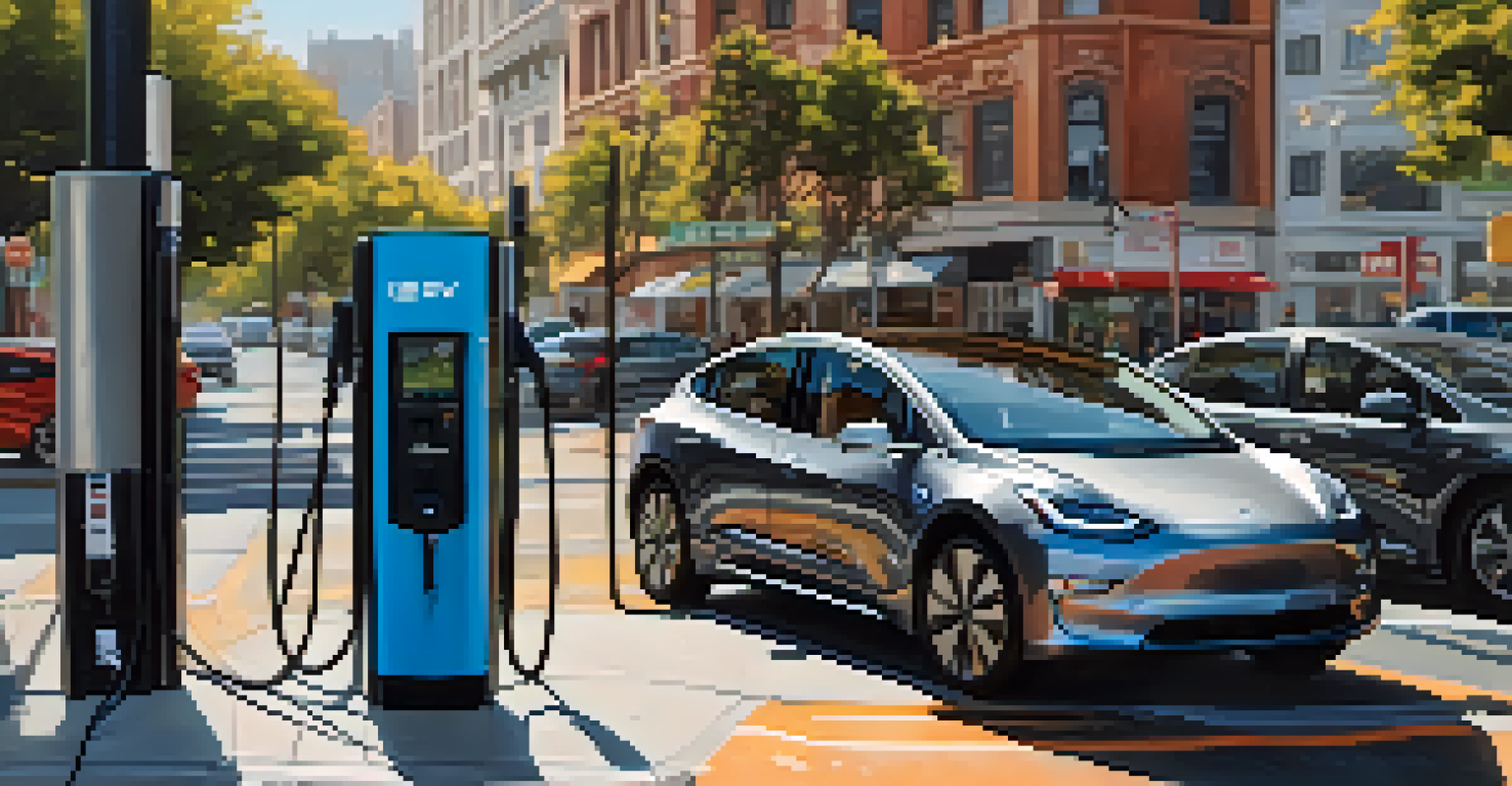 An electric vehicle charging station in San Francisco with a vehicle being charged and people around.